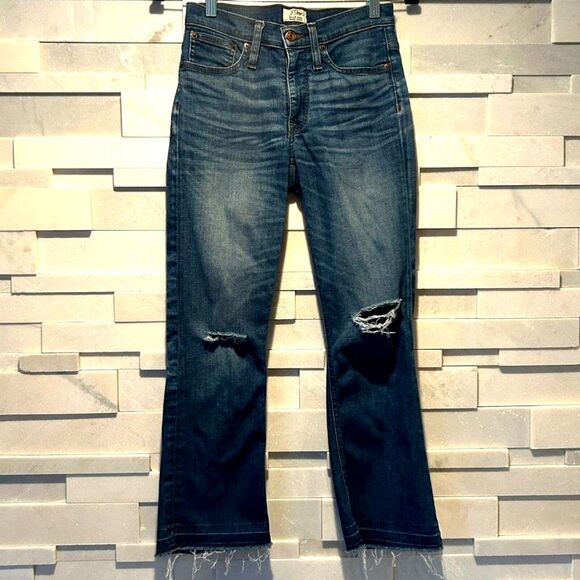 J CREW Billie Demi Bootcut Jeans Denim Pants Raw Hem Medium Wash in sz 25 - Picture 1 of 4